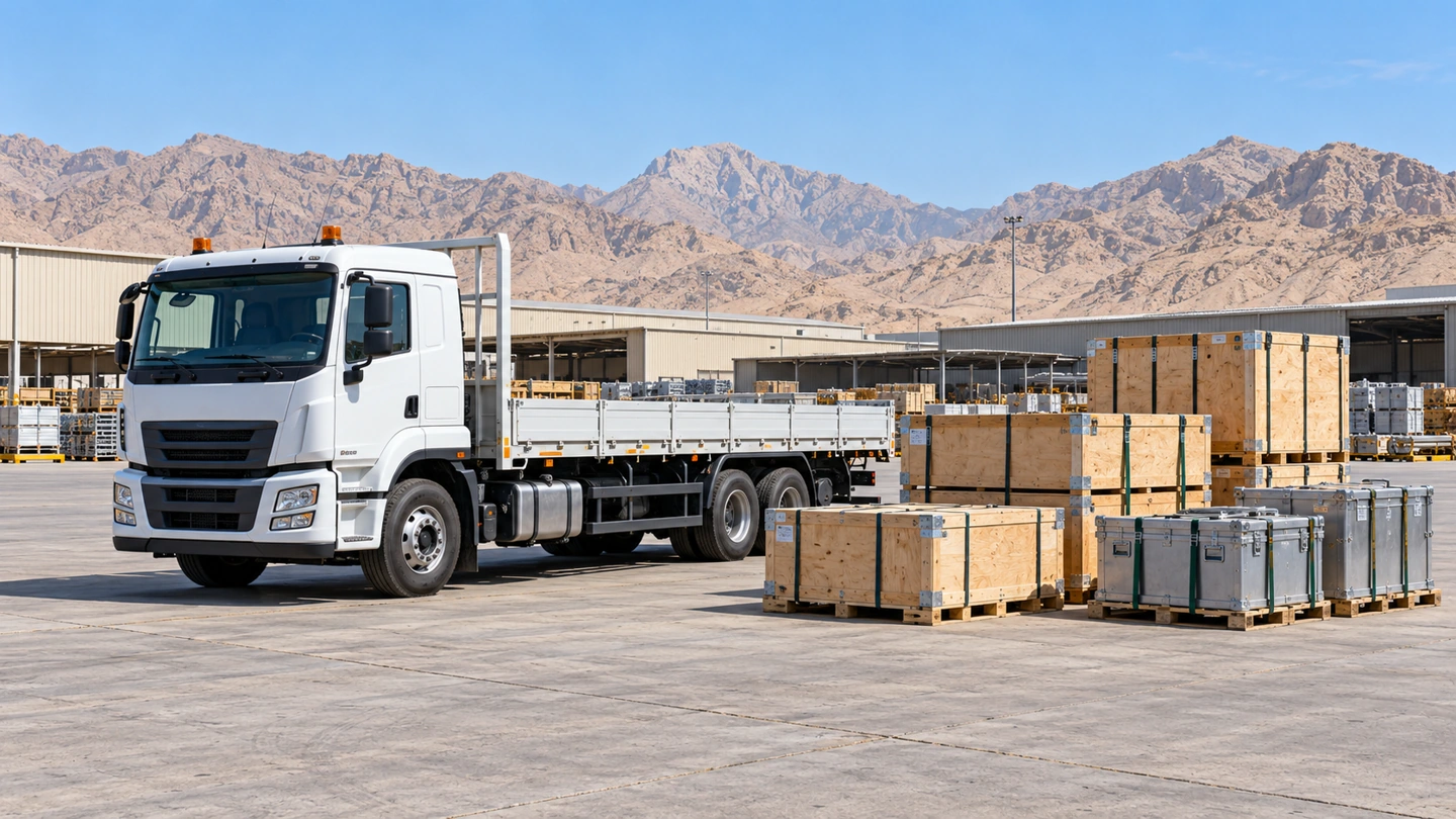 Truck and neatly arranged cargo in an industrial logistics yard